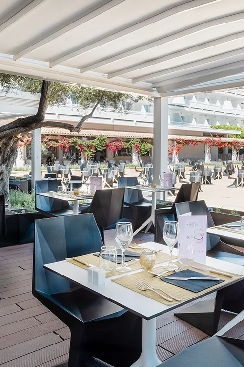 Restaurant terrace at hotel Condesa Terrace of the main restaurant restaurant at hotel Condesa